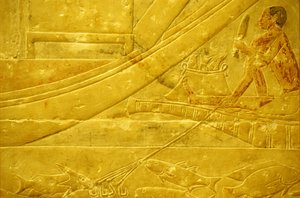 Det gamle Egypt, veggutskjæring/maleri, Mastaba/Idouts grav, Saqqara, 2323-2150 f.Kr., En fisker som fjærer fisk og holder et firetappet spyd (bilde) av School Egyptian