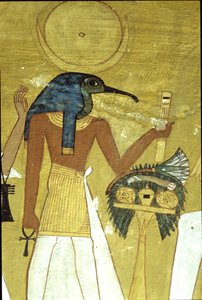 Det gamle Egypt, veggmaleri Inherkhaus grav, Theben, Gud Thoth introduserer den avdøde til Osiris, 20. dynasti, Ibis ledet Gud med måneskive (bilde) av School Egyptian