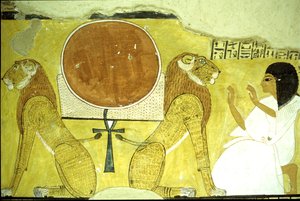 Det gamle Egypt, veggmaleri Inherkhaus grav, Theben, Inherkhau som tilber to løver, voktere av i dag og i morgen, 20. dynasti (bilde) av School Egyptian