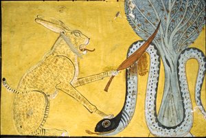 Det gamle Egypt, veggmaleri Inherkhau-graven, Theben, Adelsmannens grav, 20. dynasti, Amon (katten) som dreper slangen, som representerer Amon som beseirer slangen, Apophis under det hellige treet (bilde)