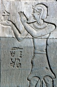 Det gamle Egypt, veggmaleri/utskjæring, prest iført leopardskinn, som tilbyr røkelse, tempelet til Sebek og Horus Kom Ombo (bilde) av School Egyptian