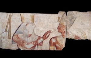 Gammel egyptisk kunst: Kong Ramses II blir introdusert for gudene Horus, Amon og Hathor som gir ham liv og kongelige insignier. Lavt kalksteinsrelieff fra tempelet til Ramses II a Abydos Rundt 1250 f.Kr. 19. dynasti. Nytt imperium. Paris, Musée du Louvre av School Egyptian
