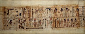 Gammel egyptisk kunst Mytologisk Papyrus av Serimen. På toppen: under skapelsen av verden er guden Geb (Jorden) skilt fra gudinnen Nout (himmelen); guder og genier fra videre. Nedenfor: Serimen hyller solen som flommer over med sin ra av School Egyptian