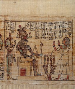 Gammel egyptisk kunst: Mytologisk Papyrus of Serimen. serimen i tilbedelse før guden ptah-sokar-osiris etterfulgt av Isis. Manuskript av det 21. dynasti (ca. 1069-945), tredje mellomperiode (ca. 1069-664 f.Kr.). Maleri. av School Egyptian