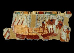 Gammel egyptisk kunst: lasting av korn på et båtmaleri på silt fra graven til Ounou (1450 f.Kr.). av School Egyptian