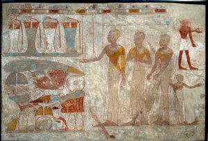 Gammel egyptisk kunst: musikere på en bankett. Maleri på silt (rundt 1400 f.Kr.). av School Egyptian
