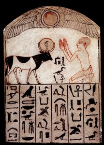 Oldtidskunst: Serapeum stele (malt kalkstein). Tilbedelse av Guds Apis. Malt kalksteinsskulptur, lavperiode (664-332 f.Kr.), Egypt. Paris, Musée du Louvre av School Egyptian