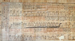 Egyptisk antikk: Papyrus henter fra Book of Secretive Homes. Denne boken er en kommentert fremstilling av solens underjordiske reise i løpet av de tolv timene om natten. Først tegner på veggene til kongelige tomes, det ble deretter transkribert på av School Egyptian