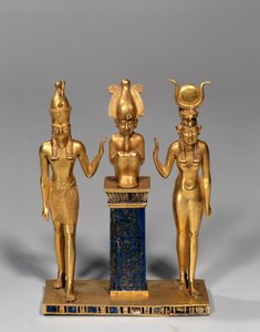 Egyptisk antikvitet: Osirisk triade i navnet til Osorkon (Osiris omgir av Isis og Horus. Gullanheng og lapis lazuli (lapis lazuli). 22. dynasti, lavperiode. Paris, Louvre-museet