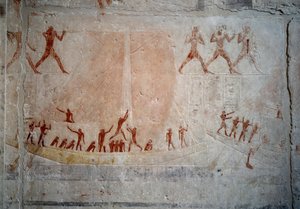 Egyptisk antikvitet: en seilbåt. Kalksteinsrelieff fra kapellet i Mastaba av Akhethetep i Saqqara. 5. dynasti (rundt 2500-2350 f.Kr.) 2300 f.Kr. Paris, Louvre-museet av School Egyptian
