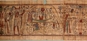 Egyptisk antikk allegori av kosmos: mytologisk papyrus av Neskapashouty, regnskapsskriver av korn som representerer kosmogoni, med Geb, Nout, Nephtys, Osiris. 1070-664 f.Kr. 21. dynasti. Søn 2,7x0,27 m Paris, musee du Louvre av School Egyptian