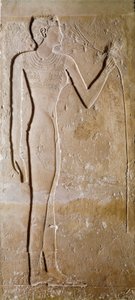 Egyptisk antikvitet: ung kvinne har lotusblomst. Kalkstein. 5. dynasti, 2300 f.Kr. Dim. 145 cm Paris, Musée du Louvre av School Egyptian