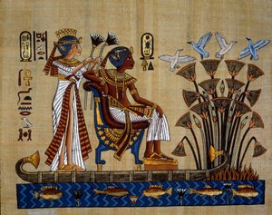 Egyptisk antikvitet: "" faraoen og hans kone i papyrusen"" Papyrus, New Empire