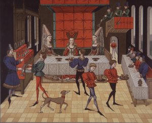 1400-talls middelalderske aristokratiske damer servert middag (farge litho) av School English
