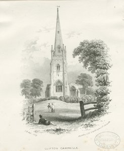 Clifton Campville Church: litografi (vignettert) av School English
