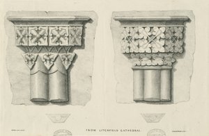 Interiør i Lichfield Cathedral - Utskåret løvverk: litografi og [? 1800-tallet] (trykk) av School English