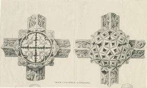 Interiør i Lichfield Cathedral - Utskåret løvverk: litografi, nd [?19. århundre] (trykk) av School English