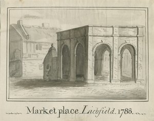 Lichfield - Market Place: sepia vask tegning av School English