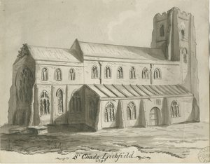 Lichfield - St. Chads kirke: sepia-tegning av School English