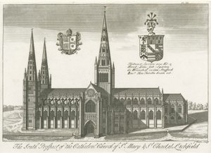 Lichfield Cathedral - South View: gravering, og [?tidlig 1700-tall] (trykk) av School English