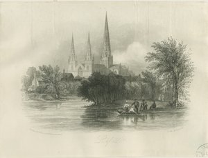 Lichfield Cathedral - South West View: gravering (vignettert), nd [c 1842] (trykk) av School English