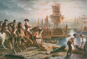 Lord Howe organiserer den britiske evakueringen av Boston i mars 1776 (fargegravering) av School English