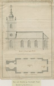 Marchington Church - Eksteriør elevasjon og interiørplan: pennetegning, nd [midten av 1700-tallet] (tegning) av School English
