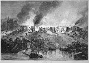 Hvite nybyggere i New England angriper det indiske fortet Pequot under Pequot-krigen i 1637 (gravering)