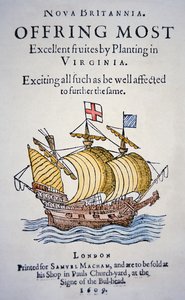 Brosjyre som oppmuntrer kolonister til å dra til Virginia i Amerika, utgitt i 1609 (farge litho) av School English