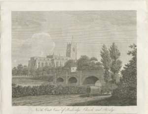Penkridge Town - Church and Bridge: gravering, nd [sent 18th cent] (trykk) av School English