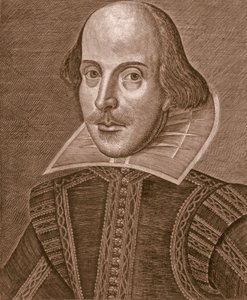 Portrett av William Shakespeare, gravert av Martin Droeshout (ca. 1560-c. 1642) av School English