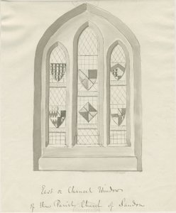 Sandon Church - East window of Chancel: sepia vask tegning, nd [?18th cent] (tegning) av School English