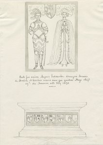 Sandon Church - Tomb of Hugh Erdeswicke og Cecilia [Bassett]: penn- og blekktegning, nd [?18th cent] (tegning) av School English