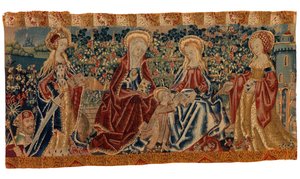 Frontalterteppe av alter som viser Jomfruen og barnet og St Anne fulgt av to helgener, sent på 1400- til tidlig på 1500-tallet (ull og silke)