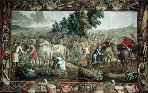 Dobbelt billedvev som viser kvistsamlere utenfor en by, verksted i Brussel (teppe) av School Flemish