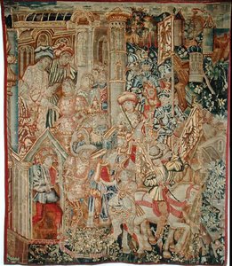 Keiser Titus Vespasian (9-79 e.Kr.) beordrer sin sønn, Titus (38-91 e.Kr.), å returnere til Jerusalem (teppe)