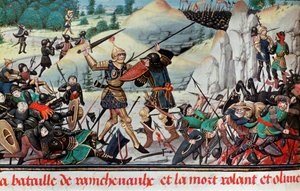 Død av ridderen Roland, nevø av Charlemagne, i slaget ved Roncevaux (778) mellom hæren til Charlemagne og saracenerne. Miniatyr. Paris B.N.
