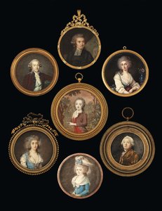 Gruppe med miniatyrer av forskjellige kunstnere (akvarell på elfenben) av School French