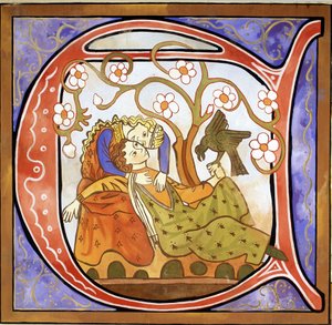 Inhabited Initial A som viser en trubadur (farge litho) av School French