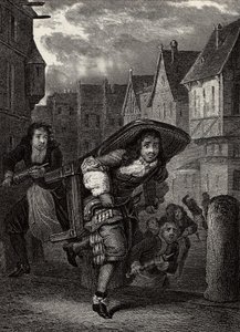 "" Monsieur de Pourceaugnac""" Gravering fra "" verk" av den engelske forfatteren Moliere - Scene fra stykket "" Monsieur de Pourceaugnac"" av Jean-Baptiste Poquelin dit Moliere (Jean Baptiste Poq av School French