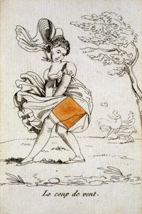 Gammelt kort å spille: diamant-ess - "" Smaken av vind""" løfter en kvinnes skjørt. Spillkortmuseum, Issy-les-Moulineaux. av School French