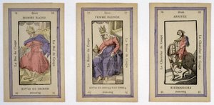 Gamle kort å spille med kongen (blond mann), dronningen (blond kvinne) og rytteren (avsluttende) cup. Musée de la Carte à Joueur, Issy-les-Moulineaux. av School French