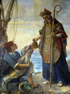 St Pol de Leon mottar av en fisk, på øya Batz, klokken som kong Mark hadde nektet ham i Ouessant, v. 530 - maleri av kirken Morlaix av School French