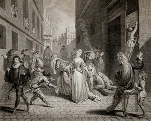 Terror (1793-1794): Italienske komikere (tolkende karakterer fra Commedia dell'arte) blir jaget ut av byen Paris etter sensurtiltakene til parisiske teatre. Gravering. Privat samling av School French