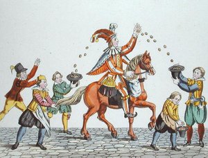 Jester på en kastanjehest som kaster mat til barn, fra 