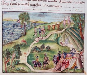 MS Add.15217 fol.40 Et venezuelansk landskap med en spansk leir, fra en samling memoarer fra Coeler-familien, Nürnberg av School German