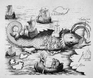 St Brendan feirer messe på ryggen til en gigantisk fisk mellom Kanariøyene og den mytiske Isle of St Brandano (gravering)