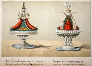 Design for presentasjon av oksetunge på en seng av stearin og for hummer, illustrasjon fra en ungarsk kokebok om fransk matlaging, ca. 1880 (farge litho) av School Hungarian