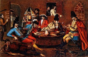 Opprørssoldater av prins Ferenc Rakoczi II slapper av med ledsagere (fargelitho) (etter et ungarsk maleri fra det syttende århundre)