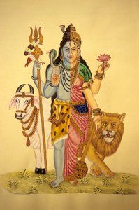 God Shiva i Ardnarees Wear Roop, miniatyrmaleri på papir av School Indian